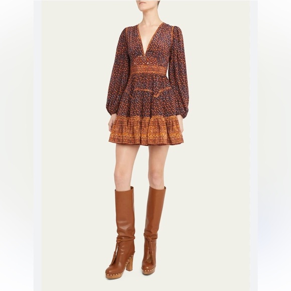 Ulla Johnson Hayana Silk Puff-Sleeve Mini Dress Boho Fall Print XS - Picture 1 of 6